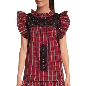 J.Marie Rayna Embroidered Plaid Cap Sleeve Ruffle Neck Top in Red Tartan Size M